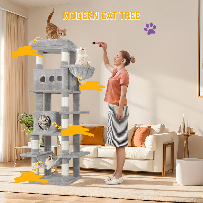 170 cm Large Cat Tree, Cat Tower for Maine Cat, Multi-Level Scratching Post with Large Perch, Washable Mat - shimendi