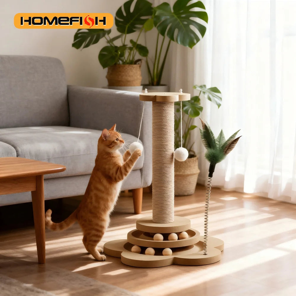 Pet Cat Toy Solid Wood Cat Turntable Funny Cat Stick Balls Durable Sisal Scratching Board Cat Supplies Cat Grab Column