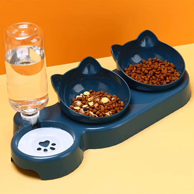 Pet Bowls With Water Feeder, 3 In 1 Ear Design Tilted Cat Water And Food Bowl Set With Gravity Water Bottle For Neck Protection - shimendi