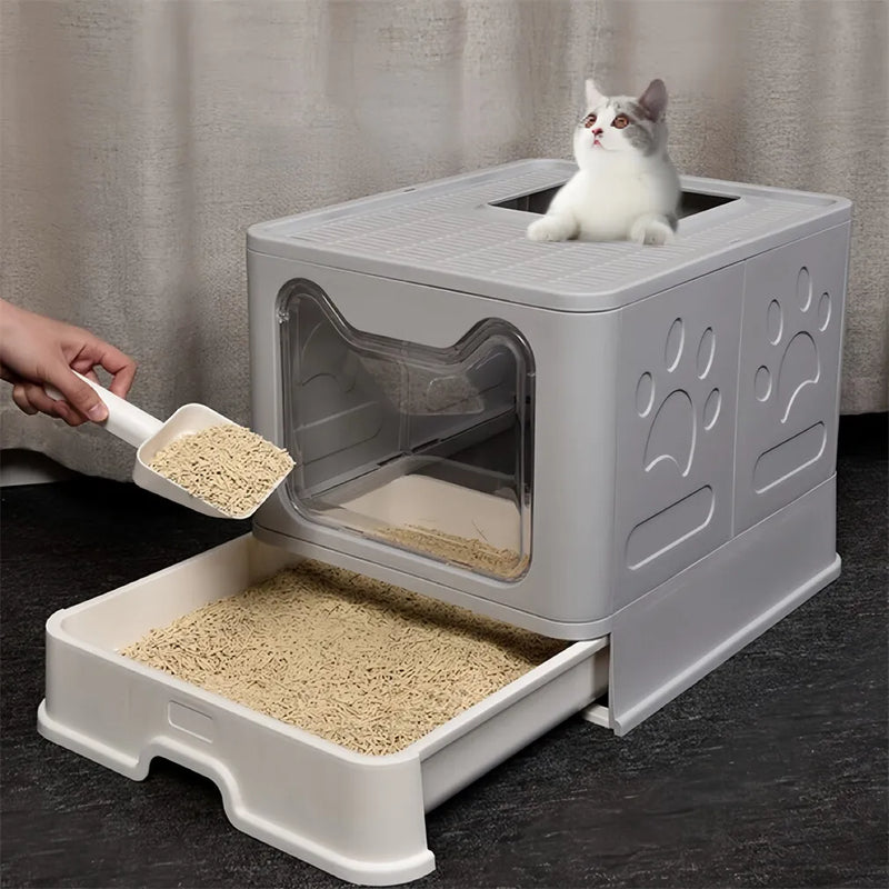 Easy Cleaning Cat Litter Box Large Cat Pan Drawer Anti-Splashing Cat Potty Toilet Tray with Scoop - shimendi