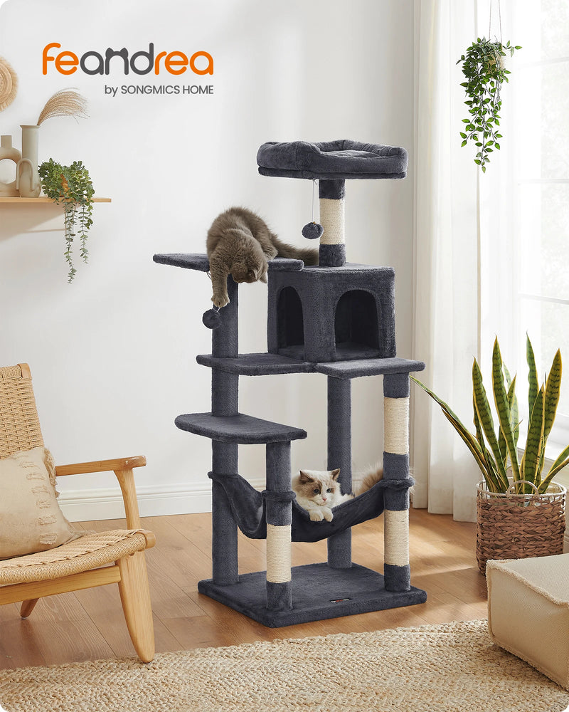 Feandrea Cat Tree, 143 cm Cat Tower for Indoor Cats, Multi-Level Plush Cat Condo with 4 Scratching Posts, 2 Perches, Cave - shimendi