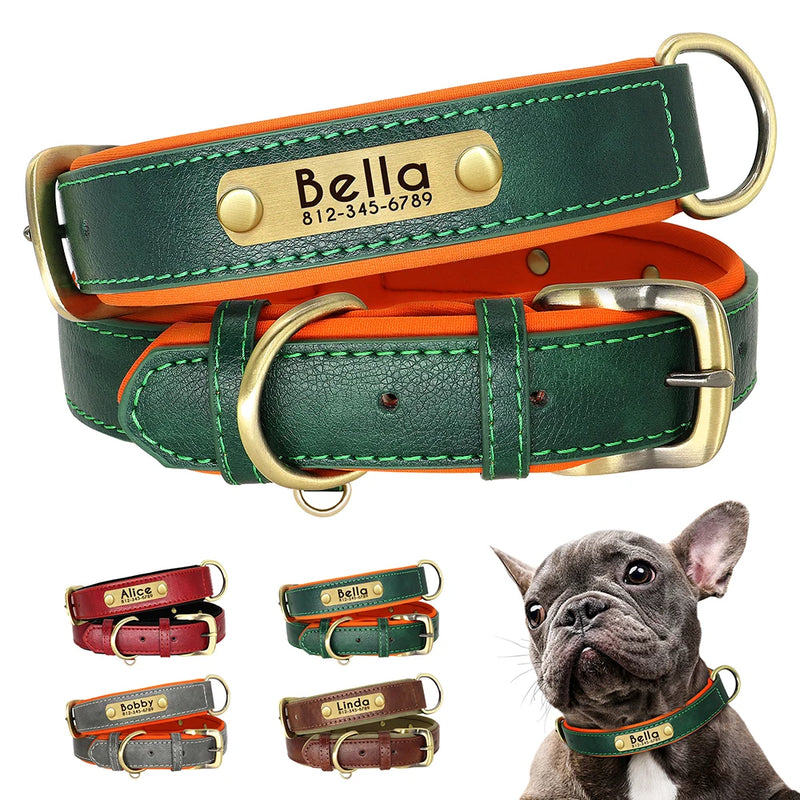 Customized PU Leather Nameplate Dog Collar Soft Padded Dogs Collars Free Engraving Name for Small Medium Large Dogs Adjustable - shimendi
