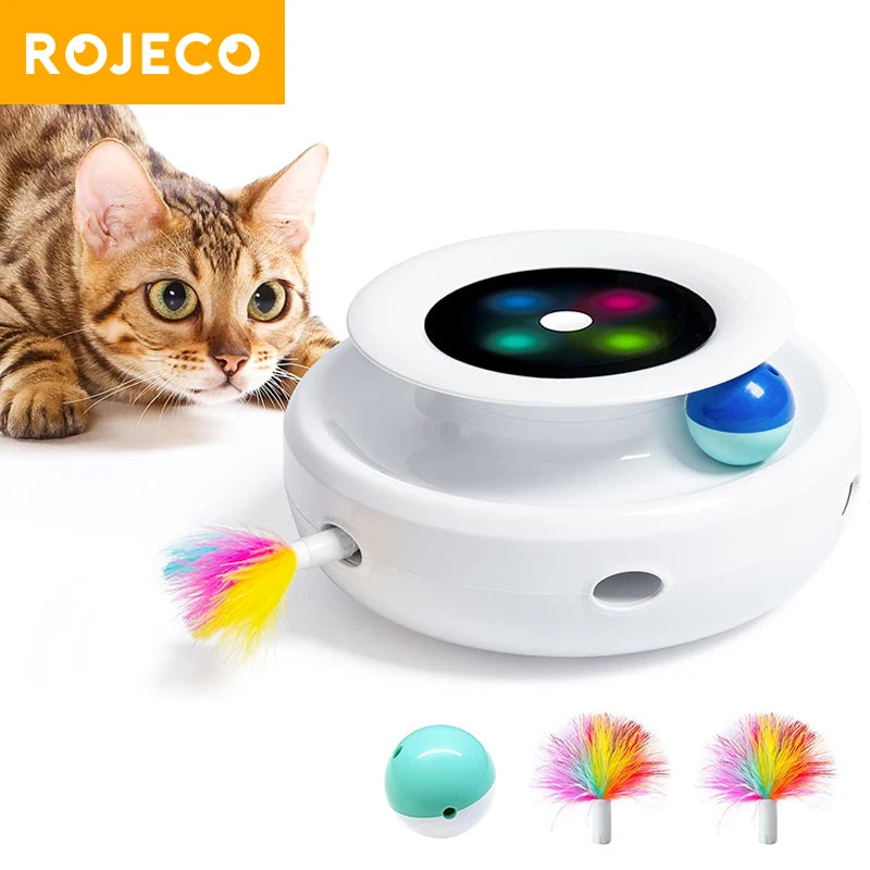 ROJECO 2 in 1 Smart Cat Toys Automatic Feather Fun Ball Toy Set For Cat Dog 5 Modes Electronic Interactive Pet Toy Accessories - shimendi