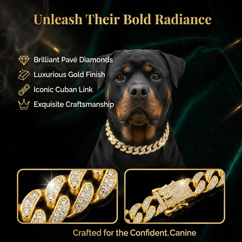 Luxury Hip Hop Dog Collar, Gold Tone Stainless Steel Cuban Chain, Durable Diamond Inlaid Pet Jewelry for Daily Walking - shimendi