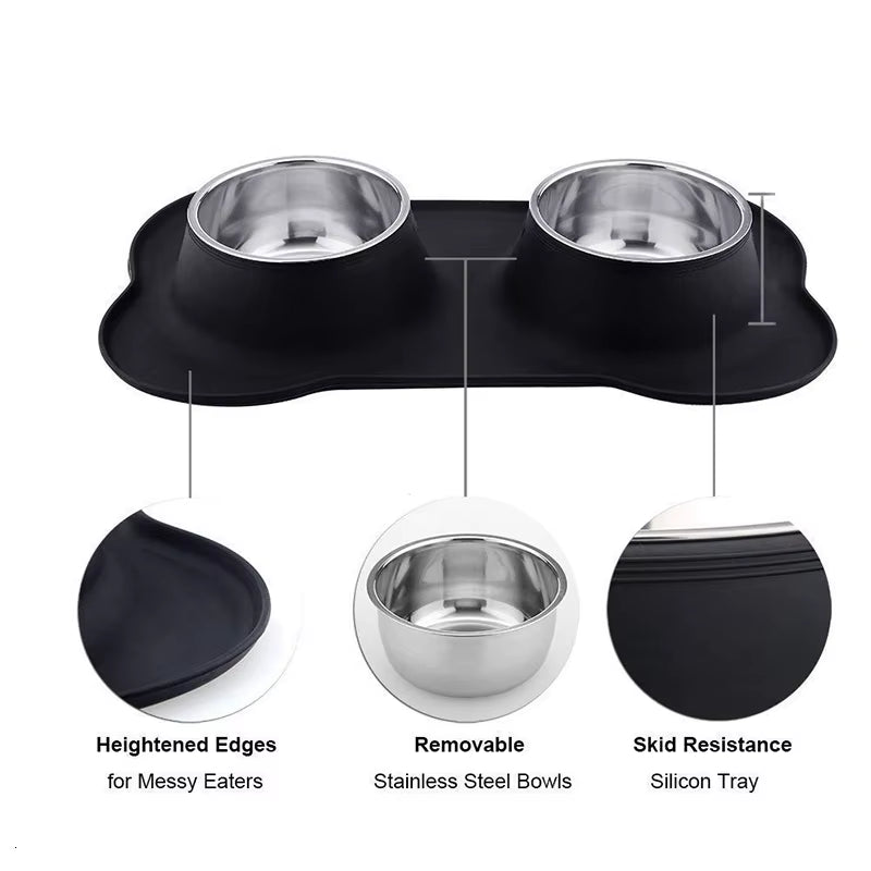 Antislip Double Dog Bowl with Silicone Mat Durable Stainless Steel No Spill Pet Feeding Bowl Drinking Water Food Feeder