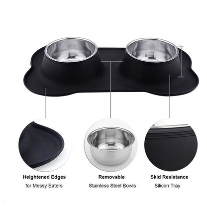 Antislip Double Dog Bowl with Silicone Mat Durable Stainless Steel No Spill Pet Feeding Bowl Drinking Water Food Feeder