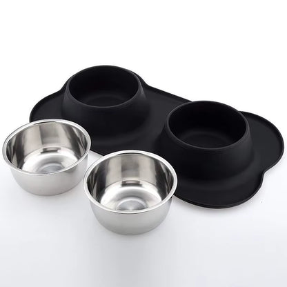 Antislip Double Dog Bowl with Silicone Mat Durable Stainless Steel No Spill Pet Feeding Bowl Drinking Water Food Feeder