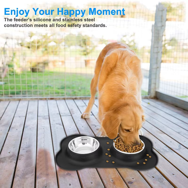 Antislip Double Dog Bowl with Silicone Mat Durable Stainless Steel No Spill Pet Feeding Bowl Drinking Water Food Feeder