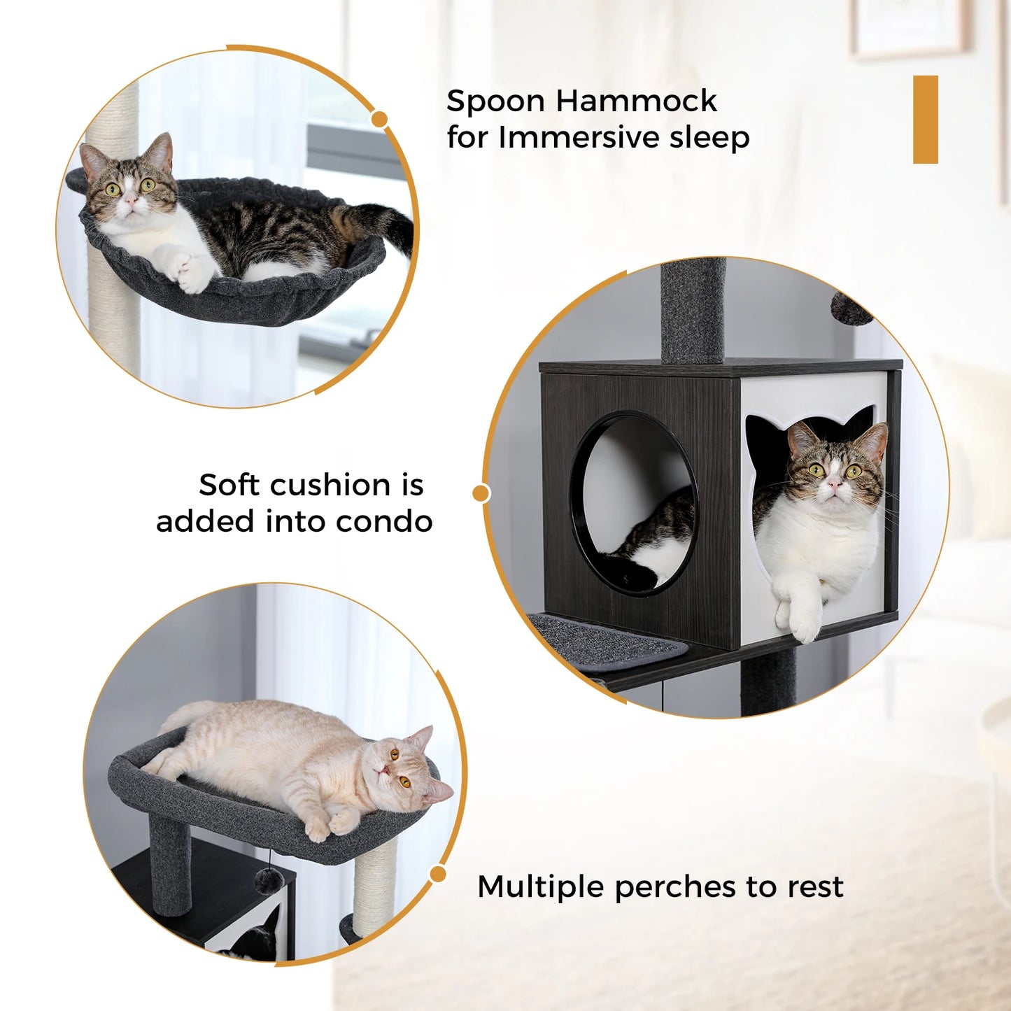 Multi-Level Cat Tree for Indoor Wood Cat Tower with Scratching Posts Spacious Condo Hammock Top Perch Cat Scratcher Cat Toys