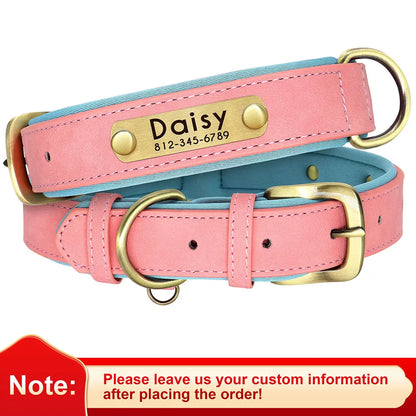 Customized PU Leather Nameplate Dog Collar Soft Padded Dogs Collars Free Engraving Name for Small Medium Large Dogs Adjustable