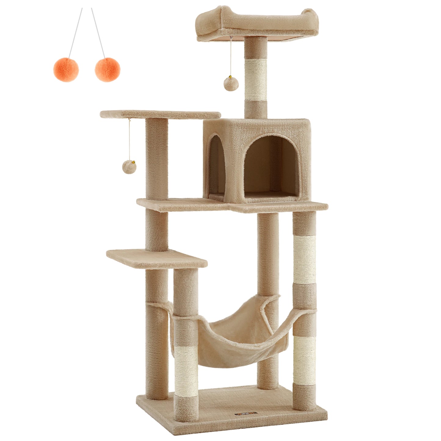 Feandrea Cat Tree, 143 cm Cat Tower for Indoor Cats, Multi-Level Plush Cat Condo with 4 Scratching Posts, 2 Perches, Cave