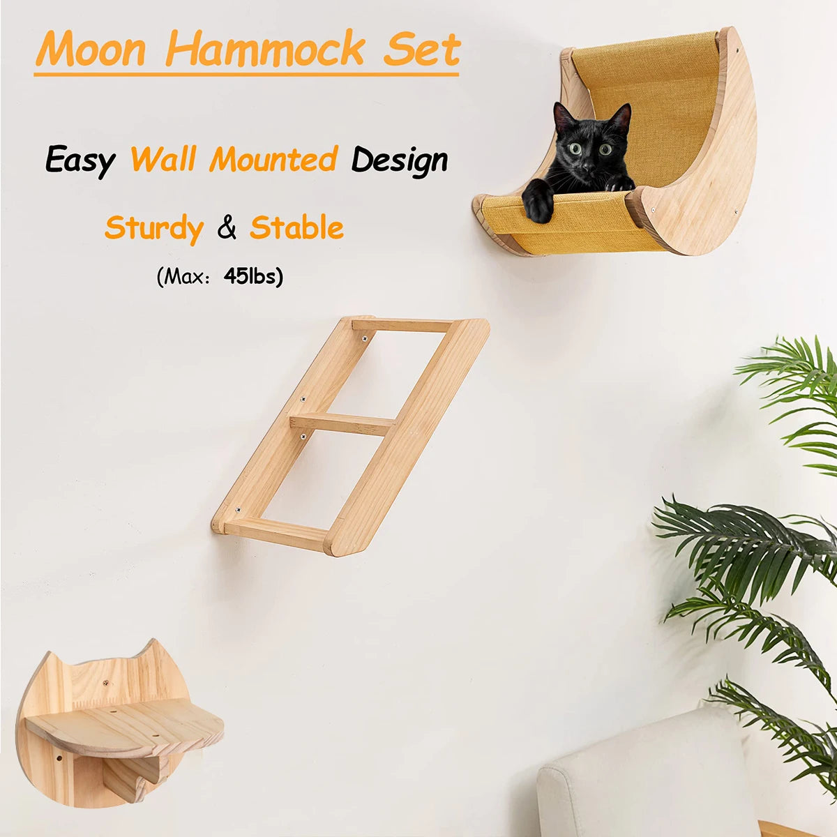 Cat Wall Hiding House Hammock Climbing Shelves Moon Perches Bed Ladder Solid Wood Steps For Activity Indoor Cats Wall Furniture