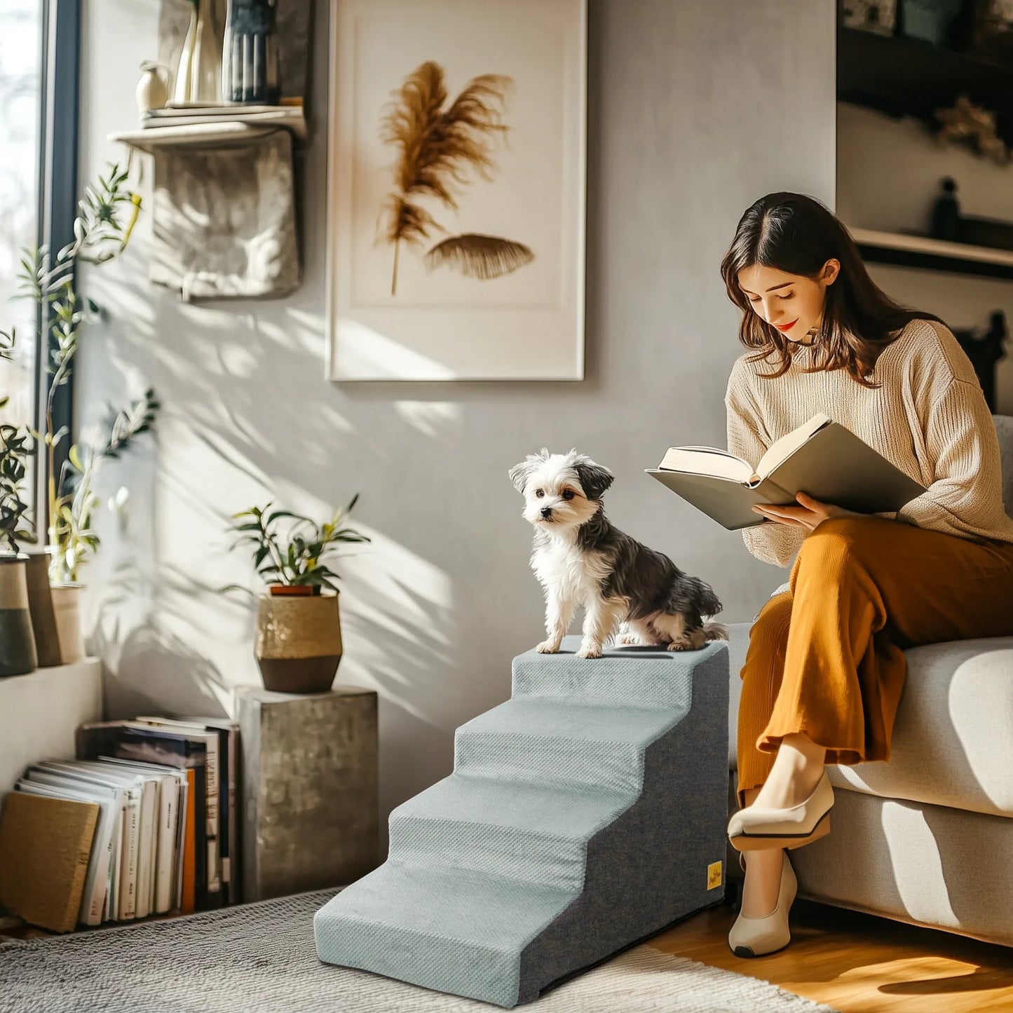 3/4 Steps High Density Foam Dog Stairs Ramps, for High Beds and Sofa, Non-Slip Pet Steps Sofa Bed Ladder, with Washable Cover