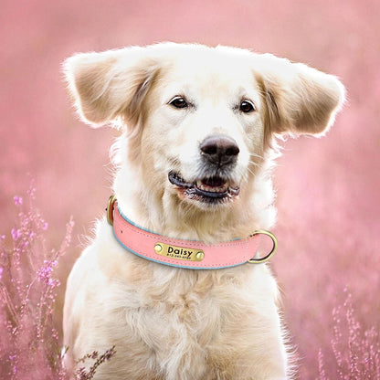 Customized PU Leather Nameplate Dog Collar Soft Padded Dogs Collars Free Engraving Name for Small Medium Large Dogs Adjustable