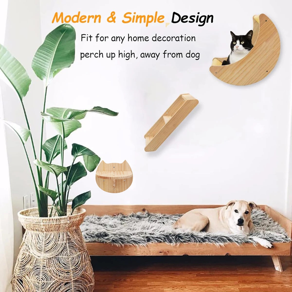 Cat Wall Hiding House Hammock Climbing Shelves Moon Perches Bed Ladder Solid Wood Steps For Activity Indoor Cats Wall Furniture