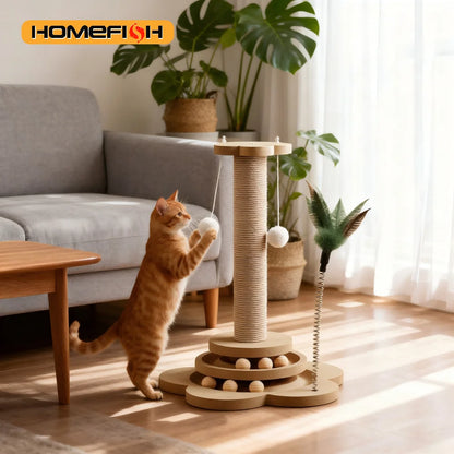 Pet Cat Toy Solid Wood Cat Turntable Funny Cat Stick Balls Durable Sisal Scratching Board Cat Supplies Cat Grab Column
