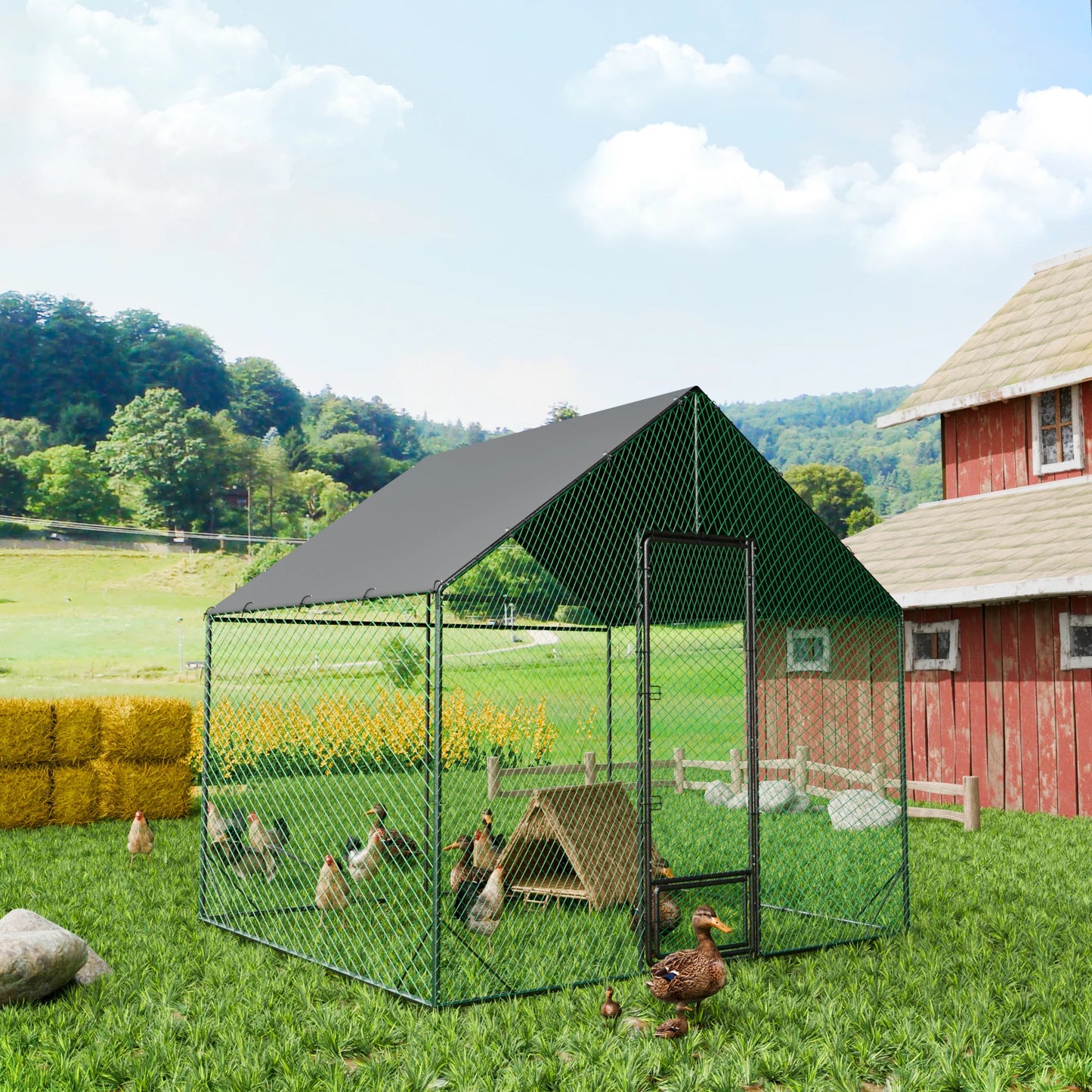 Heavy Duty Upgrade Outdoor Chicken Coop Large Metal Chicken Run Walkin Poultry Habitat Chicken Poultry Cage w/ Waterproof Cover