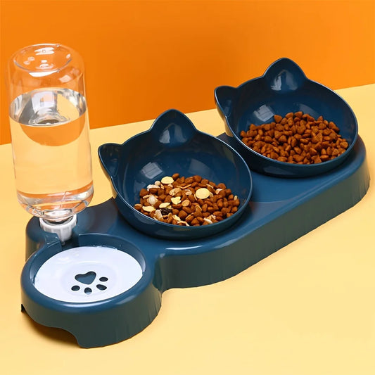 Pet Bowls With Water Feeder, 3 In 1 Ear Design Tilted Cat Water And Food Bowl Set With Gravity Water Bottle For Neck Protection - shimendi