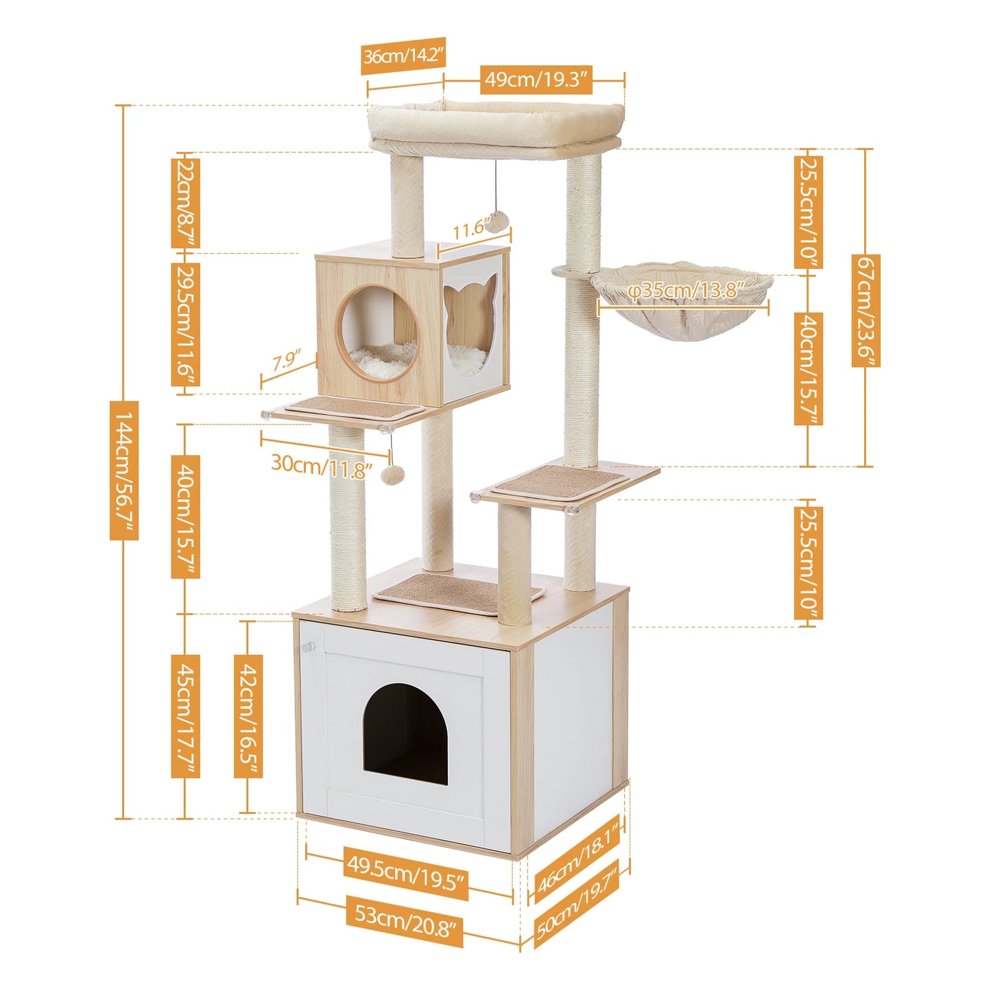 Multi-Level Cat Tree for Indoor Wood Cat Tower with Scratching Posts Spacious Condo Hammock Top Perch Cat Scratcher Cat Toys