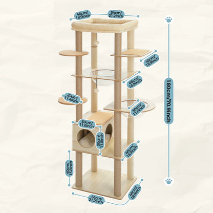 Multi-Level Cat Tree for Indoor Wood Cat Tower with Scratching Posts Spacious Condo Hammock Top Perch Cat Scratcher Cat Toys