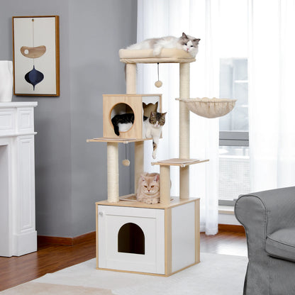 Multi-Level Cat Tree for Indoor Wood Cat Tower with Scratching Posts Spacious Condo Hammock Top Perch Cat Scratcher Cat Toys