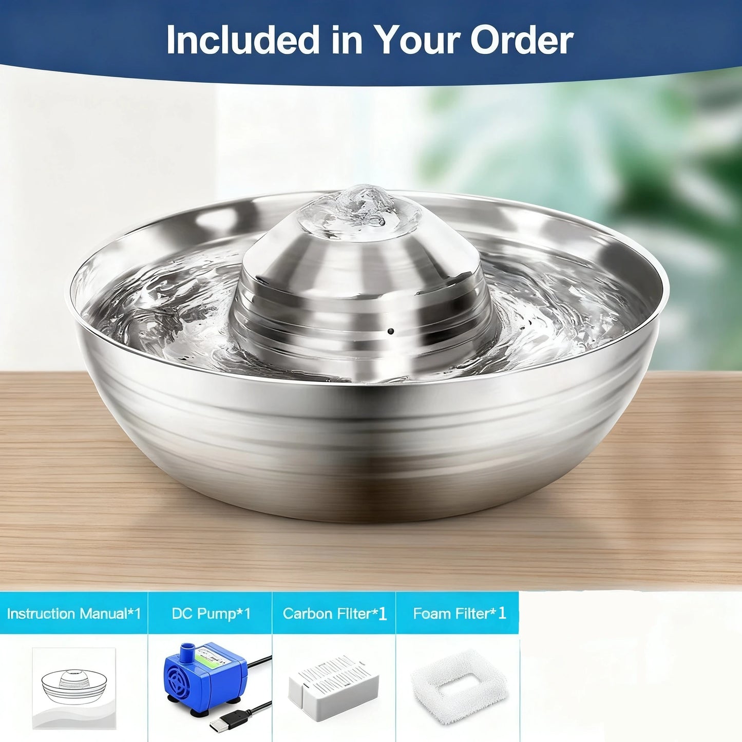 Stainless Steel Pet Water Fountain 2L, Ultra-Quiet Automatic Waterer for Cats and Dogs, Never Thirsty, Easy to Clean