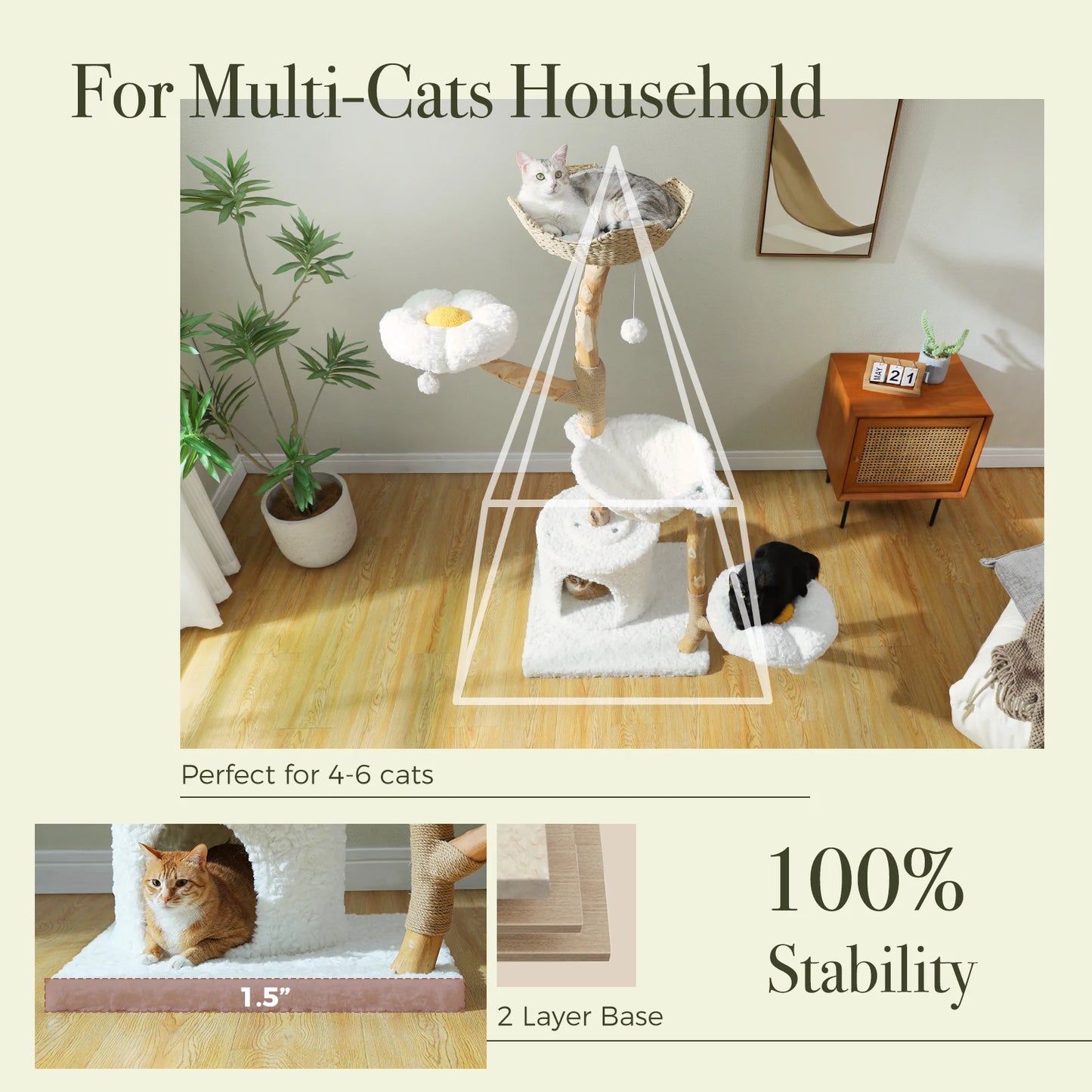 Large Cat Tree Tower with Sisal Scratching Post Wicker Basket Bed Flower Cat Condo Indoor Modern Cat Furniture Cat Accessories