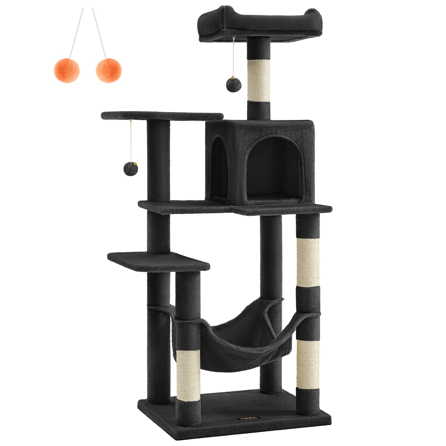 Feandrea Cat Tree, 143 cm Cat Tower for Indoor Cats, Multi-Level Plush Cat Condo with 4 Scratching Posts, 2 Perches, Cave
