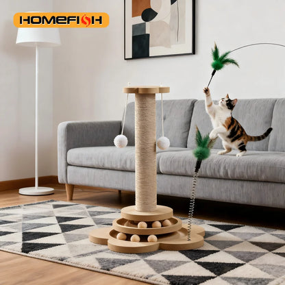 Pet Cat Toy Solid Wood Cat Turntable Funny Cat Stick Balls Durable Sisal Scratching Board Cat Supplies Cat Grab Column