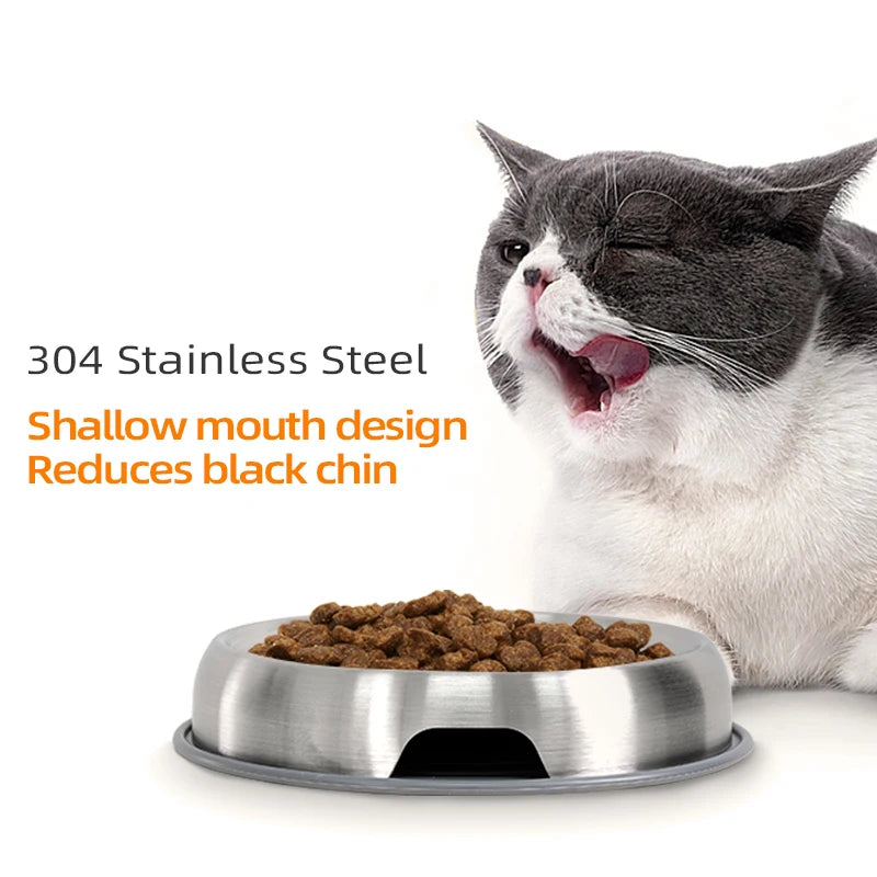 304 Stainless Steel Cat Dog Pet Bowl Non Slip Durable Anti Overthrow Shallow Mouth Design Not Black Chin Grain Basin - shimendi
