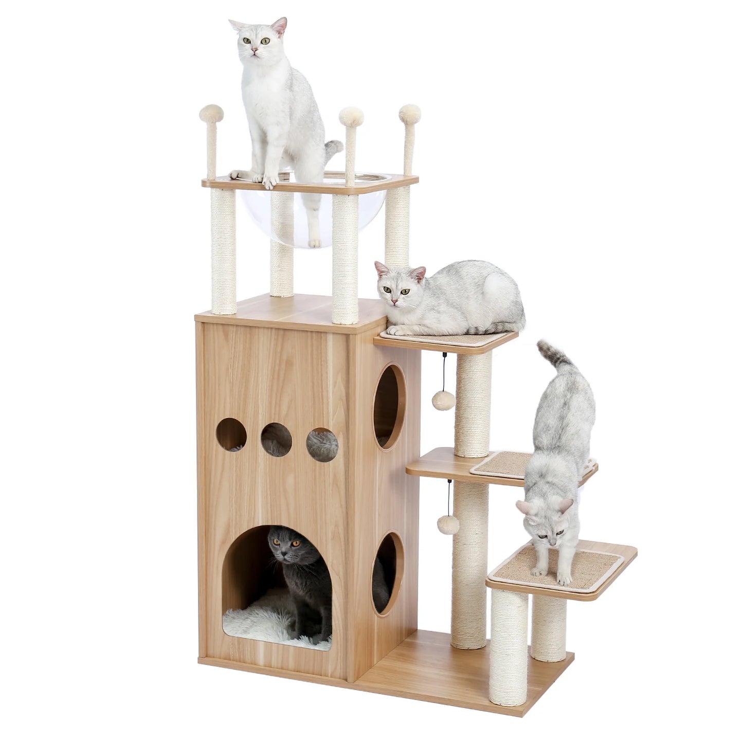 Multi-Level Cat Tree for Indoor Wood Cat Tower with Scratching Posts Spacious Condo Hammock Top Perch Cat Scratcher Cat Toys