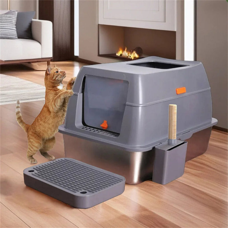 XXL Stainless Steel Cat Litter Box Enclosed Puppy Cat Litter Tray with Lid Large Litter Pan High Wall Side Easy Cleaning Toilet - shimendi