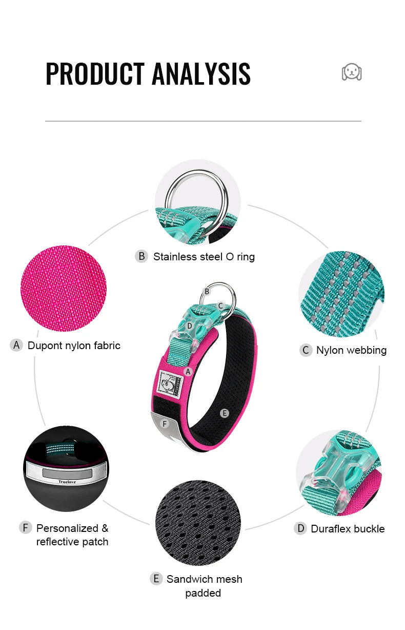 Truelove Pet Collar Reflective Multifunctional Personalized Dog Collar DuPont Soft Breathable Adjustable for Large Dogs TLC5611