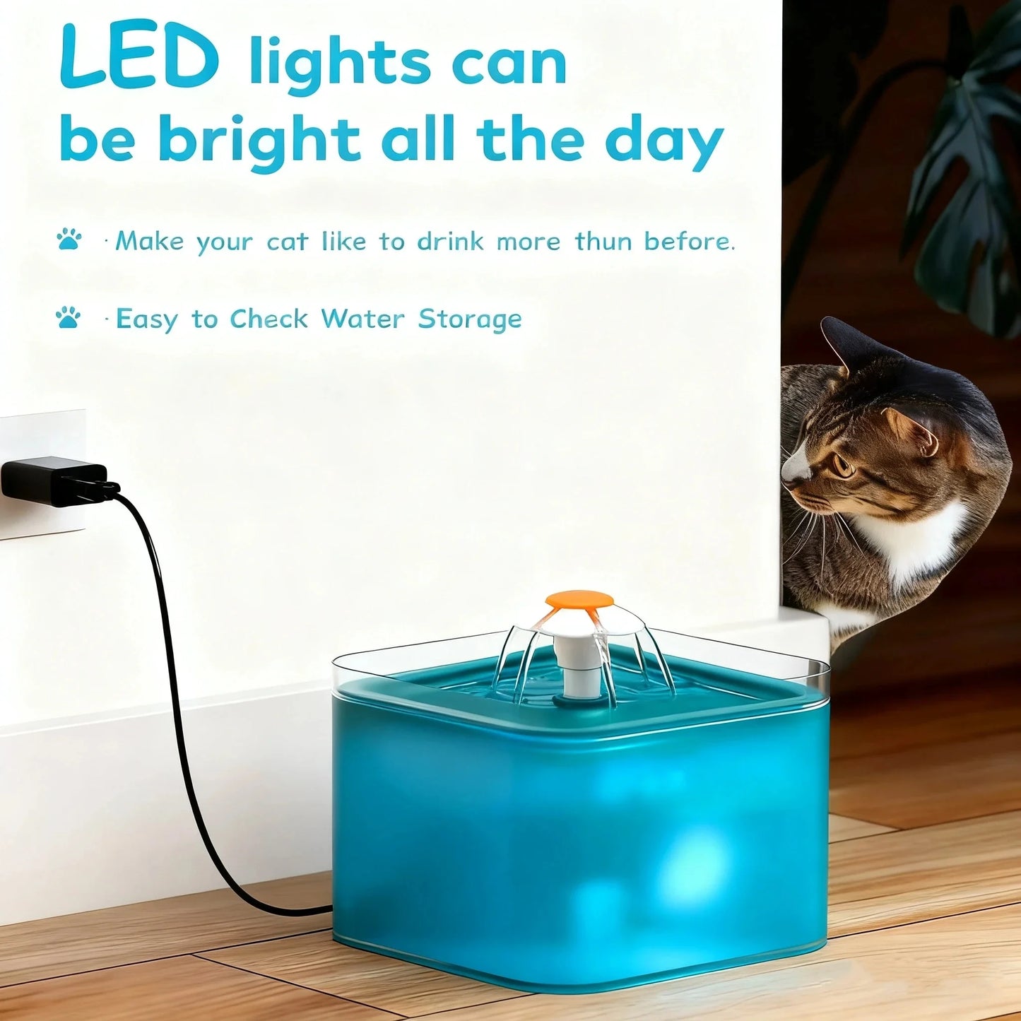 2L Automatic Cat Water Fountain with LED Nightlight, USB Powered Quiet Pump with Filter for Cats and Small Dogs