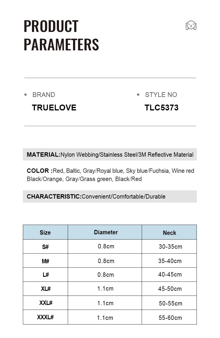 Truelove Pet P-Chain Nylon Dog Collar Stainless Steel Chain Pull-resistant Reflective Decorative Explosion-proof Walking TLC5373