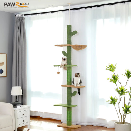 Cat Tree 5-Tier Floor to Ceiling Cat Tower Cactus Tall Climbing Tree with Scratching Post Hammock Dangling Ball for Indoor Cats - shimendi