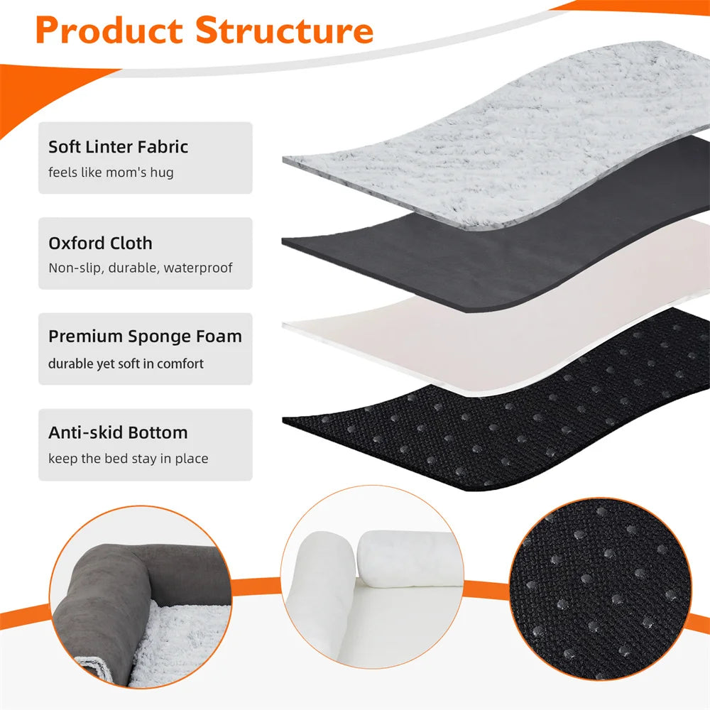 XXL XL Large Orthopedic Dog Bed Chaise Lounge Pillow Headrest Pet Bed Sofa Couch L-Shape Bolster with Removable Washable Cover