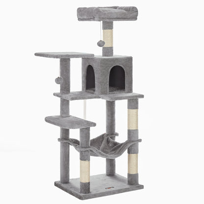 Feandrea Cat Tree, 143 cm Cat Tower for Indoor Cats, Multi-Level Plush Cat Condo with 4 Scratching Posts, 2 Perches, Cave