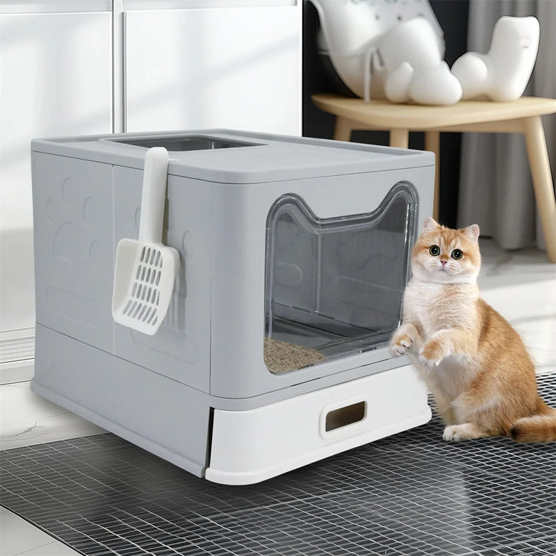 Enclosed Stainless Steel Cat Litter Box with Lid Scoop Large Litter Box Covered Top Entry Litter Pan High Sided Easy Cleaning - shimendi