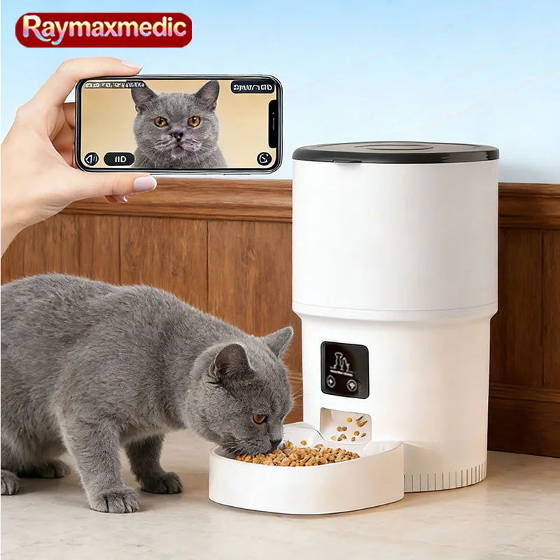 Raymax 4L WIFI Button Automatic Cat Feeder Intelligent Cat and Dog Pet Feeder Smart Pet Cat Food Dispenser Pet Feeder(No 5V 1A)