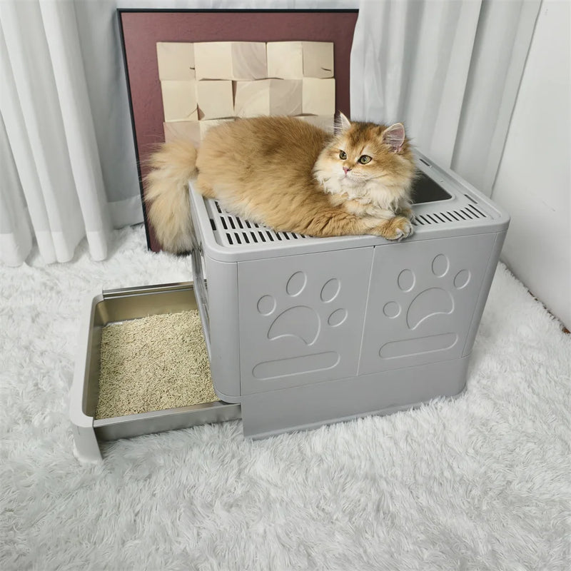 Enclosed Stainless Steel Cat Litter Box with Lid Scoop Large Litter Box Covered Top Entry Litter Pan High Sided Easy Cleaning - shimendi
