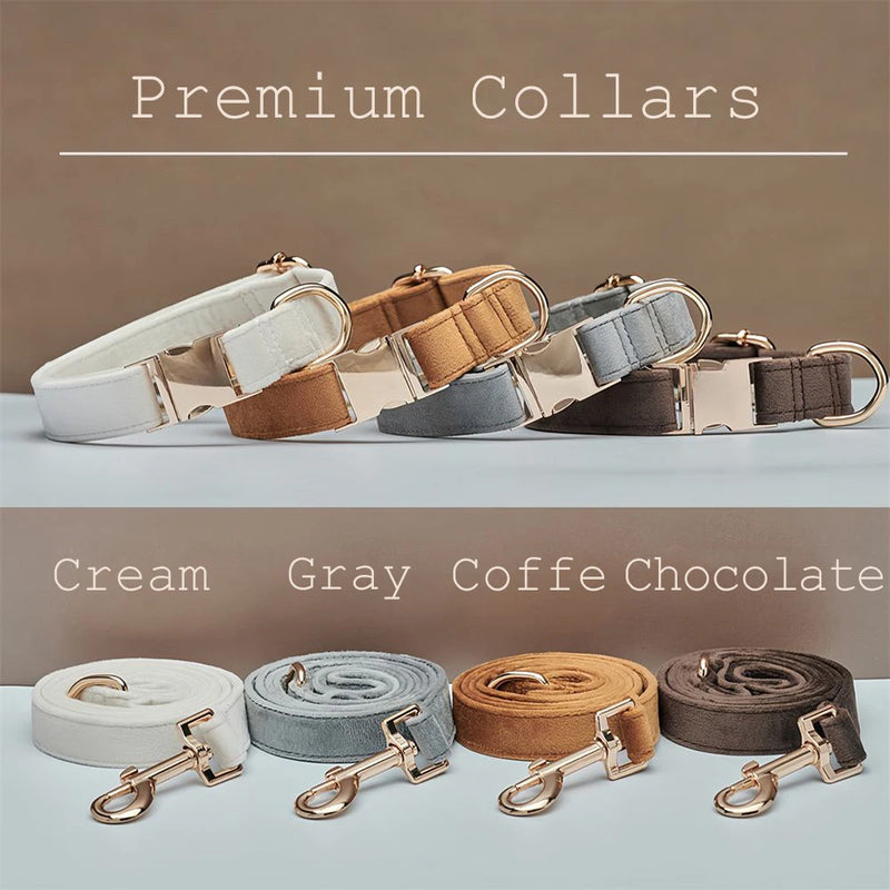 Multiple Colour Velvet Personalise Dog Collar Leash Set with Bow,Brown+Grey+White,Engraved Pet Name Plate Metal Buckle,Wedding P - shimendi