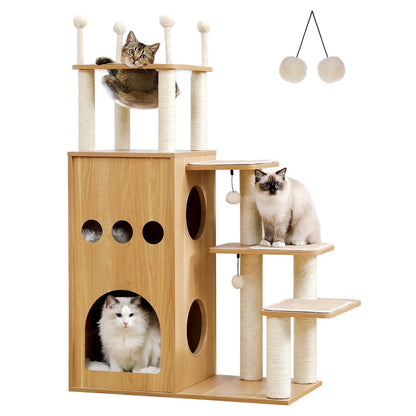 Multi-Level Cat Tree for Indoor Wood Cat Tower with Scratching Posts Spacious Condo Hammock Top Perch Cat Scratcher Cat Toys