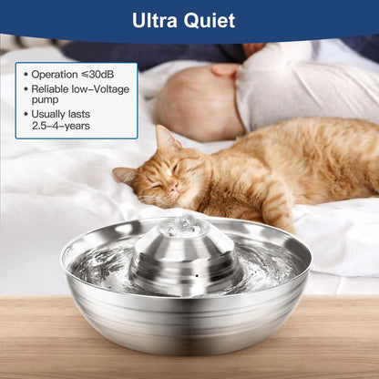 Stainless Steel Pet Water Fountain 2L, Ultra-Quiet Automatic Waterer for Cats and Dogs, Never Thirsty, Easy to Clean