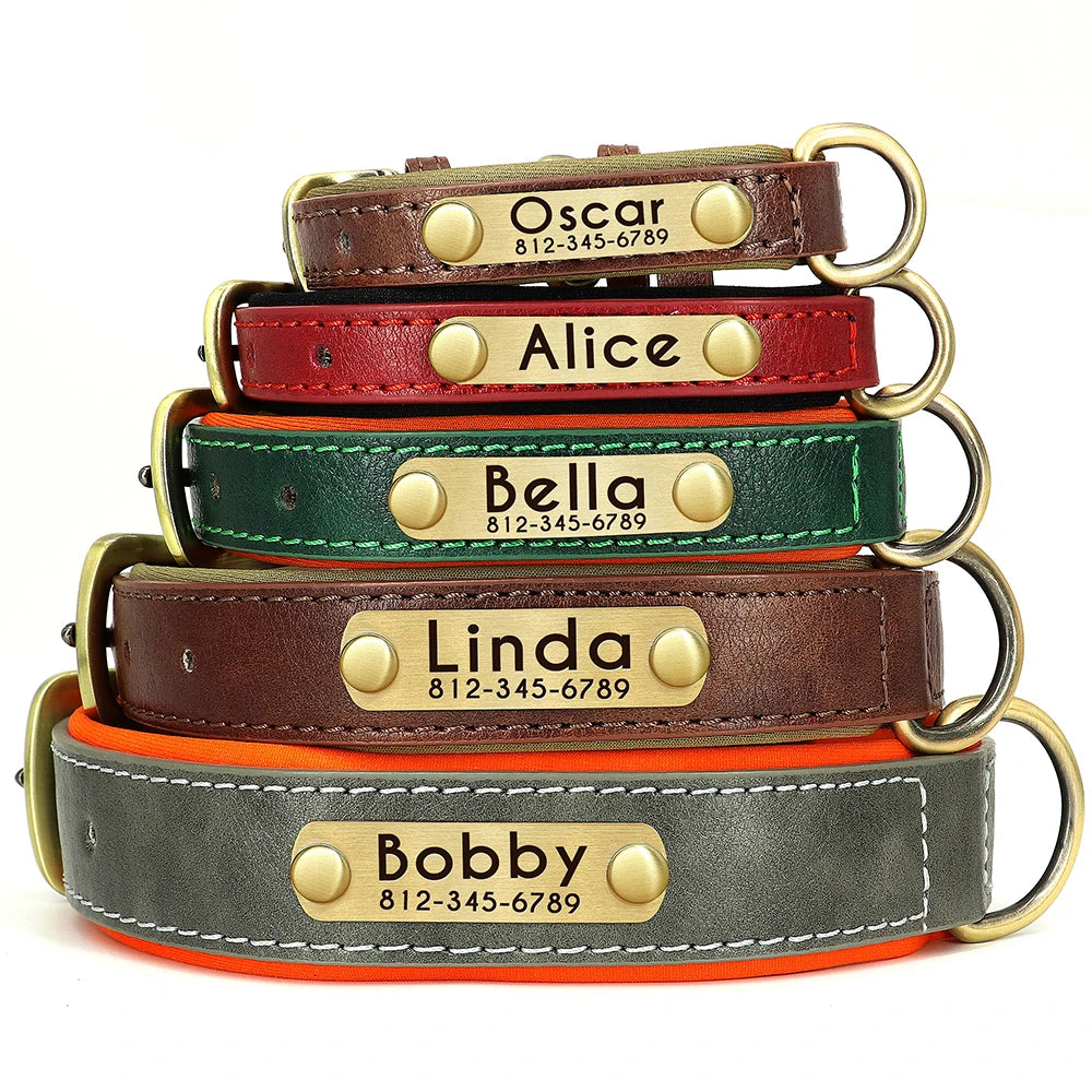 Customized PU Leather Nameplate Dog Collar Soft Padded Dogs Collars Free Engraving Name for Small Medium Large Dogs Adjustable