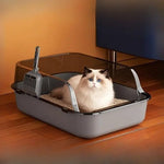Semi-Enclosed Cat Litter Box Splashproof Kitten Toilet Tray Pet Cleaning Basin with High Sides for Indoor Use - shimendi