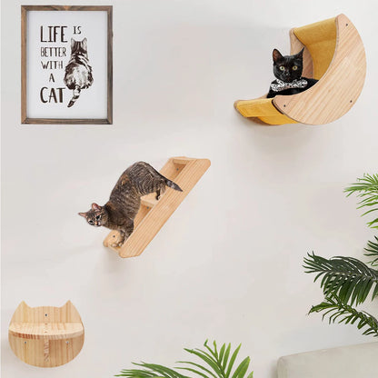 Cat Wall Hiding House Hammock Climbing Shelves Moon Perches Bed Ladder Solid Wood Steps For Activity Indoor Cats Wall Furniture