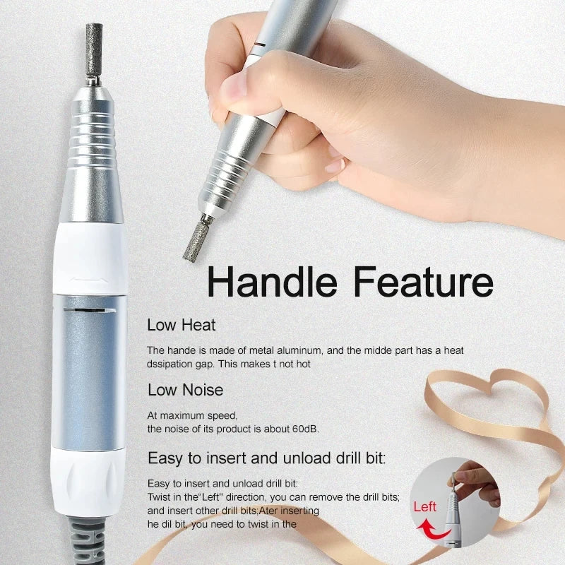 Professional Electric Nail Drill Handle 35000RPM Nail Art Drill Handpiece File Polish Grind Machine Manicure Drill Accessory