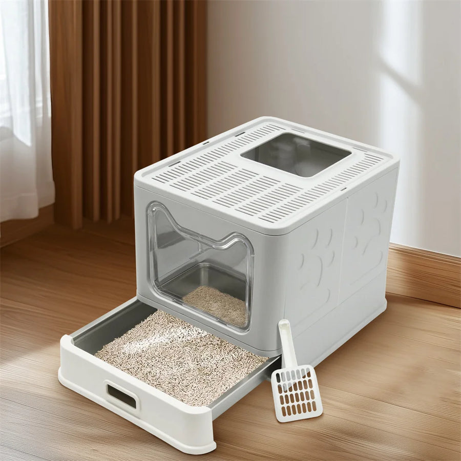 Enclosed Stainless Steel Cat Litter Box with Lid Scoop Large Litter Box Covered Top Entry Litter Pan High Sided Easy Cleaning - shimendi