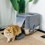 Enclosed Stainless Steel Cat Litter Box with Lid Extra Large for Big Cats Kitty Metal Litter Pan Tray High Wall Sides - shimendi